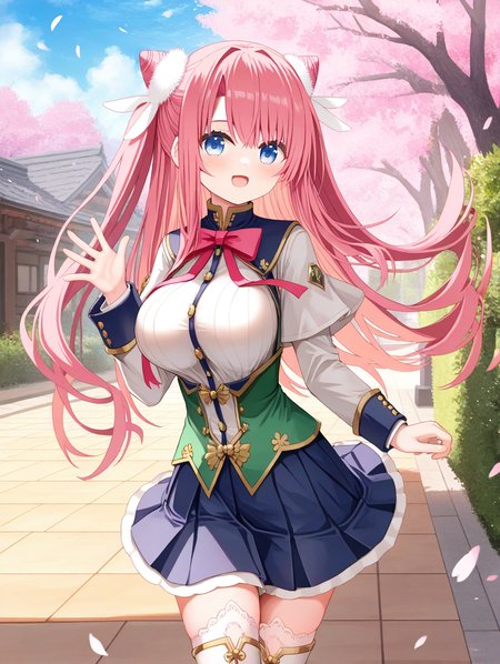 masterpiece,best quality,amazing quality,very aesthetic,absurdres,newest,scenery,<lora:Ryuubi Gentoku_ilxl_v1-000010:0.8>,(artist:yuuji \(and\):1.05), (artist:namie:1.05), (artist:shion\(mirudakemann\):1.05), (artist:nanase nao:1.05), (artist:as109:1.05), (artist:yuuhagi \(amaretto-no-natsu\):1.05),
ryuubi gentoku,1girl,pink hair,long hair,twintails,cone hair bun,blue eyes,large breasts,solo,looking at viewer,double bun,smile,waving,open mouth,blush,white thighhighs,cherry blossoms,wind,skirt,standing,