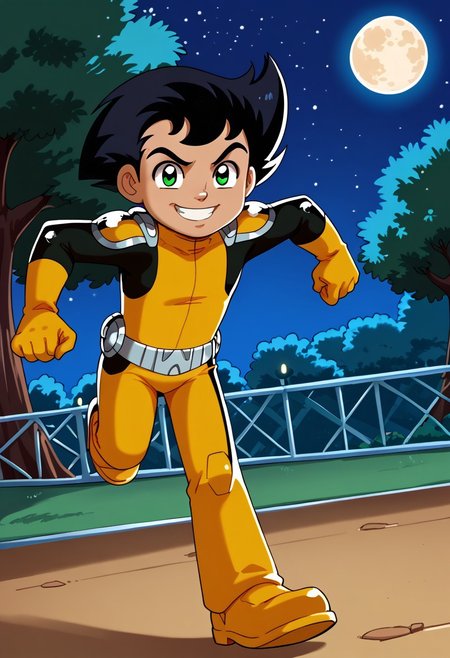score_9, score_8_up, score_7_up, highly detailed, CuteCartoonStyle, cute boy, 1boy, solo,  Tony_Clark, Black Hair, Green Eyes, Dark Skin, Yellow Bodysuit, Yellow Gloves, Yellow Pauldrons, Yellow Boots, Belt,  at night, full moon, running, motion blur, smug smile, park
DSCStyle, round eyes, exaggerated proportions, cartoonish features, anime-inspired, cute aesthetics, cartoonish proportions, highlights,smooth lines, glossy highlights, minimal detail, clean outlines, consistent line weight, gentle highlights