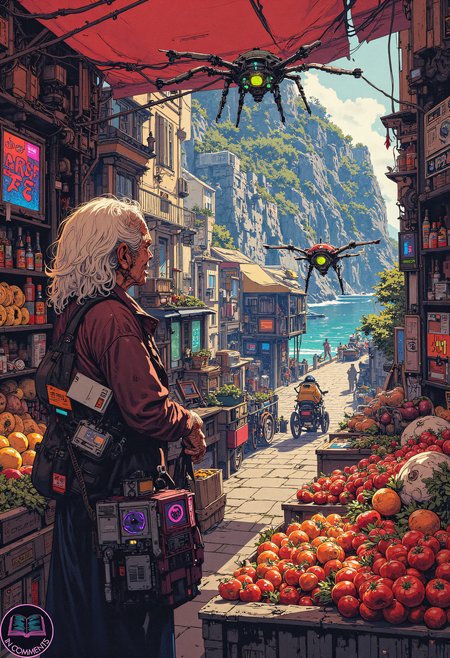 A digital illustration of an elderly shopkeeper tending to a fruit and vegetable stall in a bustling cyberpunk market set in a seaside town inspired by Cinque Terre. a colorful drone-delivery bot zips around overhead. The market is vibrant with holographic displays advertising fresh produce, and the shopkeeper's warm smile contrasts with the high-tech surroundings. The scene exudes charm and a sense of community.
