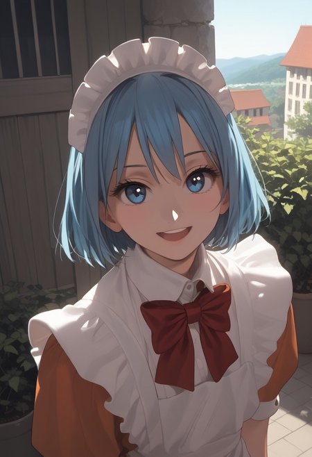abbystea style, score_9, score_8_up, score_7_up, best quality, high detailed, BREAK
female, solo, long eyelashes, cute, 
Chikoi the Maid, maid, white maids headband, blue hair, short hair, blue eyes, Red bow tie, orange maid suit
looking at you,
scenery porn, outdoors,
sunlight, high angle, face focus, saturated colors, smile, open mouth