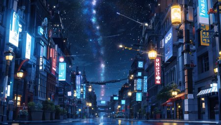 (masterpiece, top quality, best quality) ,,BREAK ,(fantasy),wide shot,scenery , <lora:cozy animation scenes_20230824111332:0.2>,light particle,((lego )),glowing,(street),galaxy ,dark