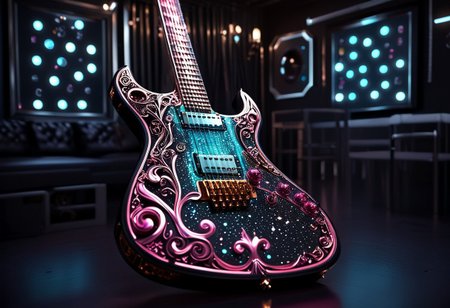 RAW photo of a very detailed reflective guitar with whimsical elements, completely dark studio, magical glowing guitar,( the room is dark:2), only light of source is coming from the guitar, cyan and pink neon, strong highlights, complimentary colors, reflective enviroment, spot lights, futuristic style, 90% black and 10% gold colors, big white diamonds on the guitar, strong depth of field, darkness, dramatic light, dusty black theme, intricate details, ultra sharp, exquisite detail, flawless composition, vivid colors, masterpiece, exciting background, timeless elegant and Exquisite