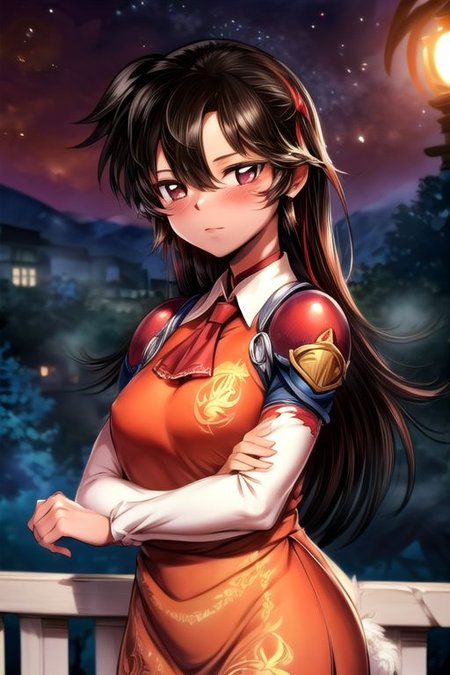 best quality 1girl Setsun4 solo long hair,  (night time) forest background black hair very long hair purple eyes multicolored hair armor, small, (fur trim) (medium body),<lora:EMS-179-EMS:0.800000>,<lora:EMS-293862-EMS:0.800000> bow, hair_bow, hair_tubes, red_bow, brown_hair, long_hair, bangs, ascot, frilled_bow, yellow_ascot, blush, smile, hair_between_eyes, athletic, armor, miko, ,(((intricate outfit,intricate clothes,embroidered outfit,ornate outfit,embroidered clothes,ornate clothes))), strengthmda, crossed arms,