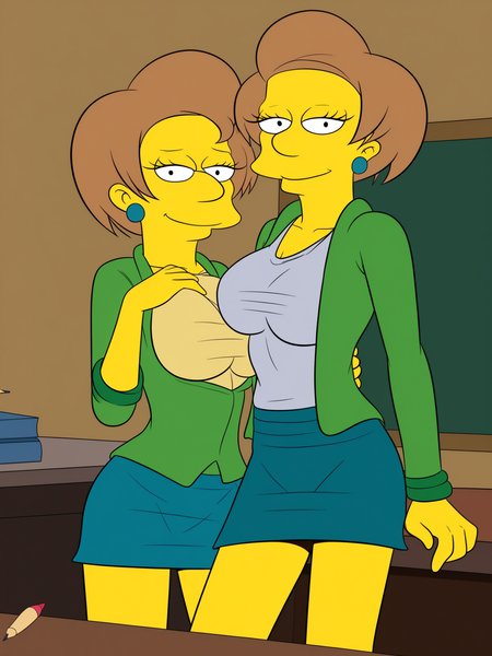 uncensored, score 9 up, score 8 up,
 <lora:[CROC (The Simpsons)] Old Habits Edna Character PonyXL:1>,edna_crocsimpsons, jewelry, brown hair, miniskirt, short hair, mature female, earrings, yellow skin, large breasts, pencil skirt, blue skirt, smile, half-closed eyes, 1girl, standing, looking at viewer,