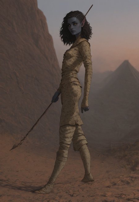 safe_pos, solo, short pointy ears, full body, running stance, piercings, random elf face, aquiline features, female dark elf, brow rings, beaded piercings, weathered skin, blue-grey skin, large nose, insect chitin armor, insect chitin helmet, insect chitin ornaments, stylized insect pattern, athletic build,  animated realism, zoomed out, Syrian features, torso, yurts, tents, native camp, elegant berber tapestries, dead desert trees, ash dunes, distant volcano, ashy soil, grey green foliage, distant grey hills, sunrise, gloomy lighting, grey fabric awnings, dark wood posts, light dust clouds, grey-blue skin, mahogany and ivory clothes, medium armor, bone plate armor, ivory straps and fittings, alien bone ornaments, grey wood neckguard, medium_breasts, crimson sclera, black pupils, blue-green light, neon, highly detailed, defined features, looking at viewer, three quarters view, from side, dynamic lighting, 29 years old, light and shadows, patterned cloth, joking expression, expressive eyes, detailed medieval clothes, short hair, wavy hair, thick hair, beaded hair, braided hair, under cut hair, semirealistic, alien elf, spanish features, jewish features, black hair, dark red hair, desaturated blue skin, sharp features, pastel green inuit print cloak, nighttime, high detail, absurdres, pretty eyes, detailed eyes, yellow eyes, facefix, detailed face, wielding insect chitin spear, shortspear