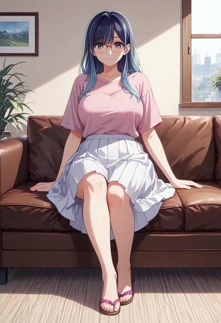 safe_pos, score_9, score_8_up, score_7_up, (masterpiece, detailed:1.2), (best quality:1.2), (High Resolution), (More Details), (8K), (High Resolution), female focus, sharp focus, newest, ultra-detailed, 1girl, solo, mature woman, milf, akane kurokawa, long hair, bangs, large breasts, blue eyes, high gradient eyes, black hair, blue hair, multicolored hair, gradient hair, Glasses, Megane, face, shirt, pink t-shirt, pleated skirt, white skirt, flip-flops, full body, various expressions, sitting on the sofa, living room, 