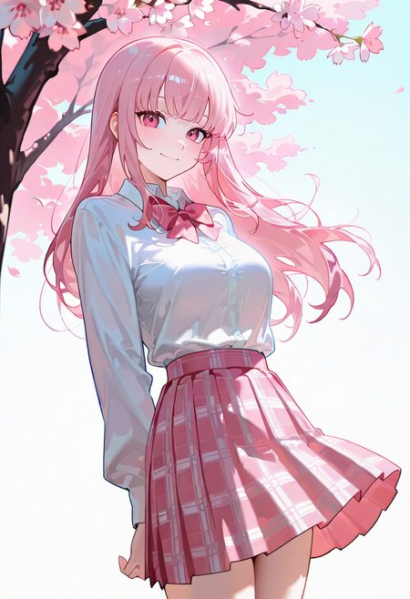 1girl,solo,looking at viewer, echo (circa),ksg skirt, plaid skirt, white shirt,school uniform, pink bow, pink skirt, mori_calliope,cherry blossoms,smile,blush,