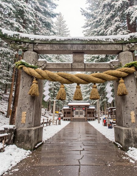 OldJapan style photo of a shimenawa on top of a torii gate in winter