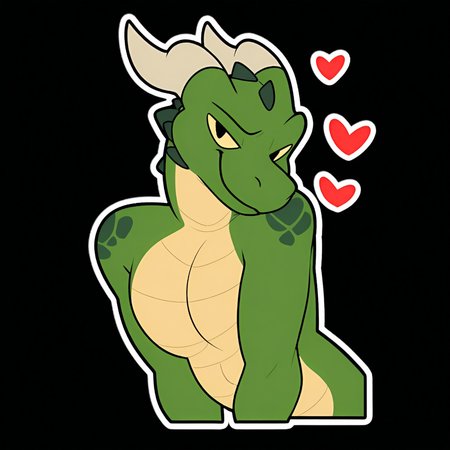 <lora:NowAndLater_Telegram_Sticker_Style_NAI-XL:1> NALTS, sticker, ((black background)), male, solo, anthro, furry, western dragon, green scales, horns, sexy pose, heart, quality, masterpiece