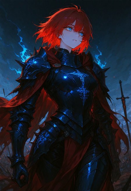 (masterpiece), (best quality), (ultra-detailed), amazing quality, very aesthetic, illustration, newest, upper body, colorful, vibrant, looking to the side, (oil painting:1.1), cinematic lighting, <lora:Avarice:1>, edgeofavarice, avarice, glowing blue runes, dark fantasy,
1girl, solo, cape, long sleeves, faulds, black and blue armor, spiked armor, spiked gauntlets, full_armor, large_breats, wide_hips, full_plate_armor, no helmet, two-colored hair black and blue, beautiful face, eyes, blue eyes,  black_armor, spiked_shoulders, clawed_gauntlets, cursed_emblem, segmented_faulds, tattered_cape, aura_of_dread, intimidating_presence, hellish_glow, massive_blade, battlefield_setting, heavy_armor, red hair