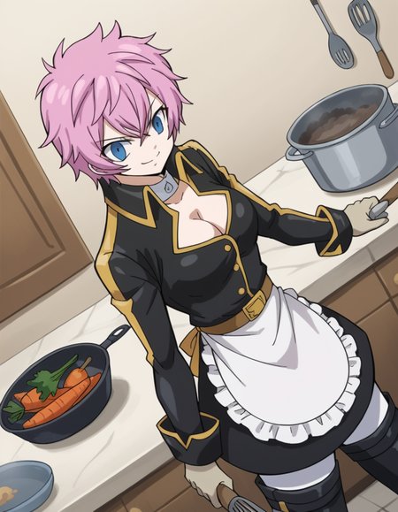 score_9, score_8_up, score_7_up, source_anime, <lora:fairytail-virgo-s7-ponyxl-lora-nochekaiser:1>,, eclipse virgo, short hair, bangs, blue eyes, pink hair, thighhighs, gloves, cleavage, pantyhose, boots, thigh boots, collar, jacket, black jacket, belt,, kitchen, cooking, apron, cutting vegetables, home cooking, smile, , arm wrapped around someone, solo,, cowboy shot, dutch angle