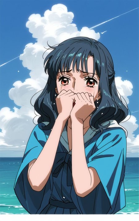 <lora:PONY_character_ain-000004:1>,ain_(one_plece),1girl,solo,tears,parody,covering_own_mouth,cloud,sky,anime_coloring,ocean,looking_at_viewer,day,retro_artstyle,outdoors,, score_9, score_8_up, score_7_up, score_6_up,1girl