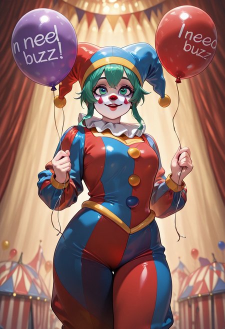 masterpiece, best quality, amazing quality, 1girl, clown, need_buzz, one balloon, holding balloon, message in balloon, message 'need buzz', need_buzz, circus background, circus tent, clown suit, perfect eyes,