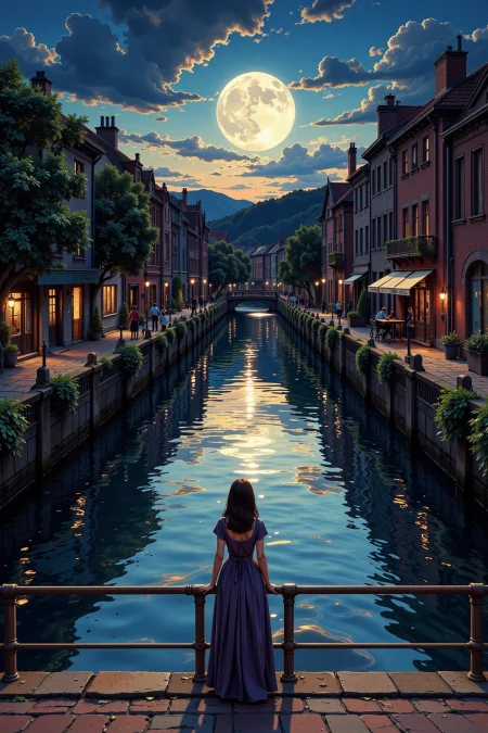 canal beautiful  landscape, evening, woman, very intricate, very detailed, sharp, bright, colorful, <lora:Hand v2:0.5> <lora:Anti-Blur:1><lora:Insane Detail Slider:0.25>  <lora:flux.1_lora_flyway_Epic-detail_v2:0.3> <lora:fluxenhancer:0.25>   <lora:anime_retro:1> anime_martz, anime_retro