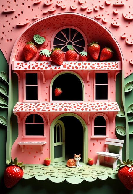 A Berry Good Bookstore:
A tiny corner bookstore shaped like a halved strawberry, with circular windows as seeds and green leafy trim forming awnings. A bicycle rests outside, a cat naps near the steps, and hand-painted signs advertise “Sweet Reads.” Composition is simple, centered, and inviting—storybook-like in warmth and composition.
Tags: minimalist composition, simple composition, clean lines, made of strawberry, low-poli, voronoi, voxels, transformed into a strawberry-themed landscape, strawberry-themed elements, illustration insanity, surrealist artistic textures, fluid realism, Paper Quilling,