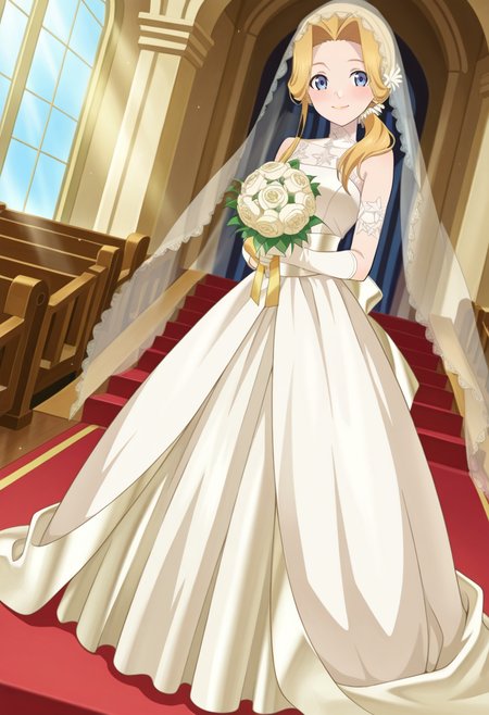 church, indoor, altar, arch, god rays,
BREAK,
light smile, blush, holding bouquet,
full body, dynamic angle,
BREAK,
<lora:minti_illustriousXL_v04:0.95>
mintrnd, ponytail, ponytail over shoulder, parted bangs, blonde hair, blue eyes, long hair, bridal veil, hair flower, 
mintwed, wedding dress, yellow dress, elbow gloves, yellow gloves, long dress,, source_anime, very aesthetic, anime coloring, masterpiece, 
best quality, amazing quality, ultra detailed, very aesthetic, 
detailed background, 
BREAK,