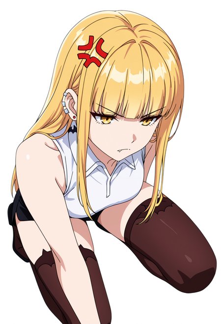 masterpiece,high quality details, absurdres,
 <lora:Ruriko:0.8>enh_cnr,
ruriko_cnr,1girl, blonde hair, long hair,blunt bangs, yellow eyes, fang, ear piercing,earrings,, simple background, white background, front view,solo,, frown,anger vein,, serious face,one knee on ground,focused gaze,, collared shirt,sleeveless shirt ,hot pants, ,bat legwear,
