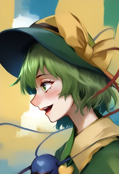 <lora:disco_elysium_v1_pruned:1>, thick outlines, <lora:komeiji_satori_image6571_2023-12-17-000006:1>, painting, painting_\(medium\), painterly, faux traditional media, portrait, artistic, standing in front of window, (mosaic window in background:1.5), side view, profile view, high window, 1girl, solo, touhou, koishi, komeiji koishi, green hair, medium hair, hat, eyes wide open, head lifted, looking at someone, komeiji_koishi, 1girl, third_eye, yellow_shirt, black_hat, green_hair, frilled_sleeves, highres, frilled_shirt_collar, wide_sleeves, hat_bow, green_eyes, green_skirt, heart_of_string, yellow_bow, hat_ribbon,  diamond_button, yellow_ribbon, eyeball, eyeball closed, (third eye:1.5), closed third eye, third eye floating, 
happy, very happy, open mouth, laugh,