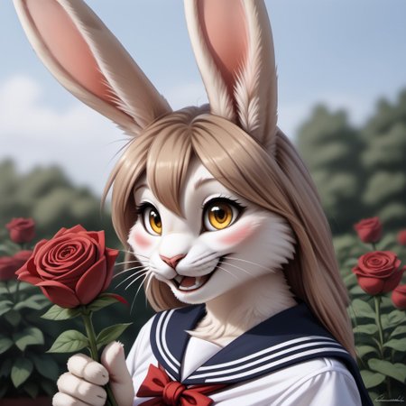 Realistic, highres, super high resolution, 8k, photo, 
anthro, female bunny, detailed body, tufted fur, bunny ears, cheast tuft, bunny tail, detailed fur, rabbit teeth, voluptuous, whiskers, long blond hair, amber eyes, light brown fur, small breasts, garden, open smile, holding rose, sailor collar, school uniform, black stockings, close-up, blushing,