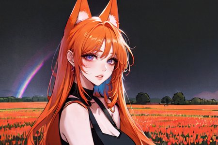 (otherworldly), highly insanely detailed, masterpiece, top quality, best quality, highres, 4k, 8k, RAW photo, (very aesthetic, beautiful and aesthetic), farm, fields, barn, fence, fantfa, <lora:FantasyFarm-10:0.3>, 
1girl, 
(orange hair ,rainbow hair,Iridescence hair), 
(pure black background,pure pink background ,neon color,multicolored background,solid color,solid color background,gradient background),âââ