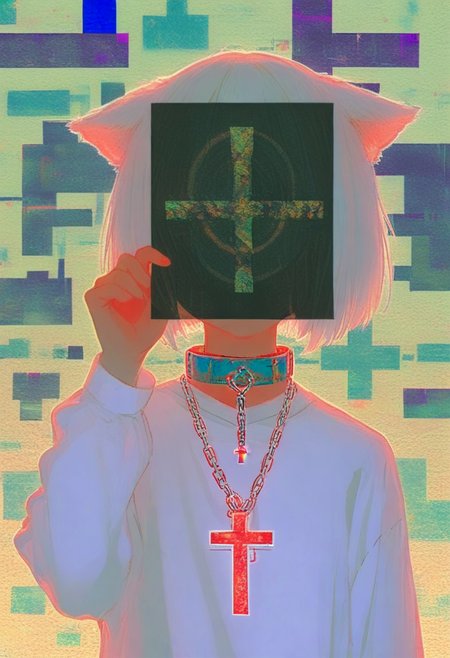 solo, shirt, white shirt, chain, 1girl, long sleeves, short hair, upper body, collar, hand up, collared shirt, glitch, cross, animal ears, necklace, white hair <lora:748cmXL_il_lokr_V5311P:0.95>