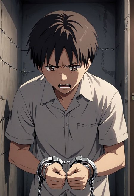high resolution, solo, best quality, 1Boy, Takaki Toono, Brownish Hair, Brown Eyes, arrested, restrained, struggling, handcuffs, interrogated, interrogation room, OverallDetail