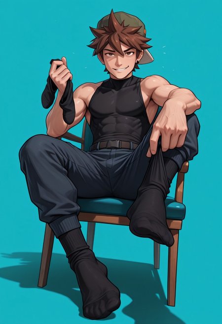 masterpiece, absurdres, high quality, perfect anatomy, arwe, foreshortening, BREAK
jax, 1boy, male focus, solo, brown hair, brown eyes, spiked hair, short hair, bangs, hat, green cap, 
BREAK, teasing, cinematic, intricately detailed illustration, depth of field, masterpiece, best quality, amazing quality, very aesthetic, absurdres, newest, very awa,  shadow, dynamic angle, casual cosplay, dynamic pose, simple background, teal theme, full body, feet focus, detailed fingers, black footwear, no shoes, looking at viewer, black socks, cocky smile, siting, chair, submissive pov, feet towards viewer, dominant, twunk, muscular, muscles, lycra pants, domination, arrogant smile, looking down on viewer, compression outfit, holding worn out socks in hand, short socks, threatening,