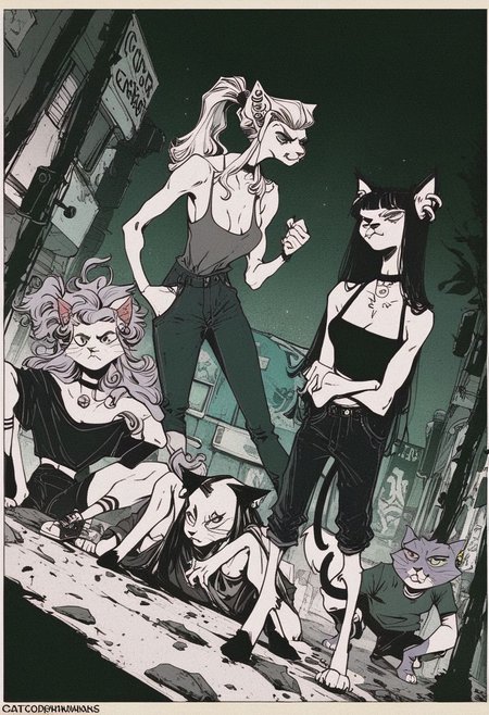 score_9, score_8_up, score_7_up, (cat girls), dystopian cyberpunk future, two street gangs hissing at each other, group picture, anthro, skinny, catfight, holding a weapons, fierce and raging, long hair, choker, oversized street clothes, ear piercings, dutch angle, alternate hairstyles, growling