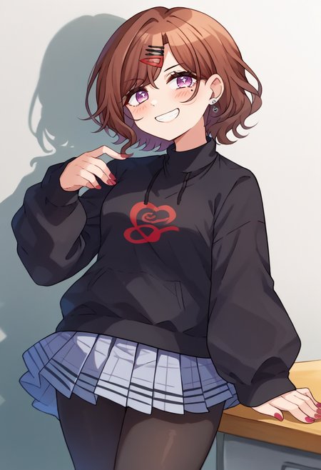 solo, score_9, score_7_up, source_anime, BREAK  smile, blush, looking away,  <lora:higuchi_madoka_pony:1> higuchi_madoka, purple eyes, mole under eye, brown hair, short hair, swept bangs, hairclip, earrings, red nails, nail polish, black sweater, black pantyhose, pleated skirt plaid skirt, miniskirt,  <lora:Momoiiroo_Art_Style_PonyXL:1> momoiiroo,