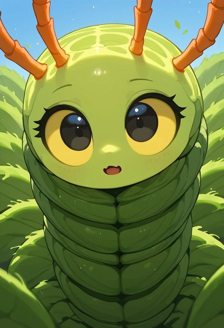 score_9, score_8_up, score_7_up, score_6_up, score_5_up, score_4_up, Expressiveh, (feral insect girl, feral caterpillar girl:1.2), full body shot, rearing up, perky breasts, green caterpillar, open mouth, cute, petite, (arms down at sides), single orange horn, (two-pronged horn), green body, leaves, looking at viewer, ((crawling, slithering, many legs:1.2), big bulbous head, long body, centipede legs:1.3), black eyes, yellow sclera, big eyes, outdoors, blue sky, sunny day, black stripes, dutch angle, diagonal view
