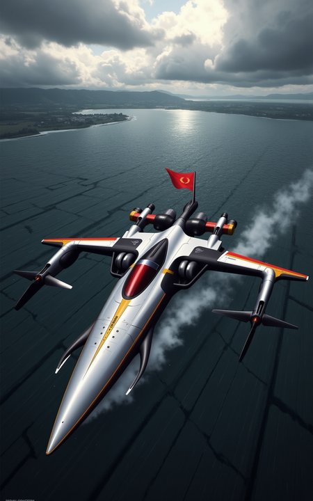 YFG-SRS, Wide view, high-angle shot, futuristic countryside. Dramatic storm-filled sky, turbulent sea. Modern CoastGuard ship moving through, gunmetal body, white color, red and yellow stripped line, Red flag with stars. Golden runes, glowing cybernetic lines. Massive wingspan propellers, rotating blades, guns, reinforced carriage below. Grimdark, mechanical aesthetic. Stormy glow highlights metallic surfaces, textured clouds. Intricate countryside details: fields, rivers, settlements. Cinematic lighting, ultra-realistic, 32k resolution, film grain, reversal film effects.