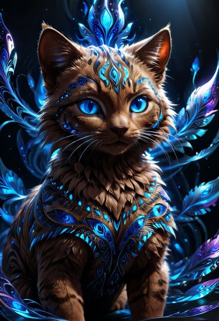 Magical creature, adorable brown cat, hyper realistic, glowing blue tribal patterns on the fur, blue eyes, abstraction, shading, bold, 3D, UHD, multidimensional, deep fractal, etched shapes, dark, close-up, sparkling blue particles floating around, 8k award winning, portrait, looking at viewer