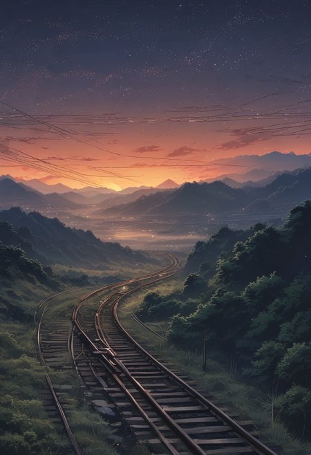 scenery, ((night, starry)), (Japanese anime style), wilderness, distant landscape, empty railroad, sunset, fantastic, loneliness atmosphere, cool tone, minimum lighting, masterpiece, best quality, ultra-detailed