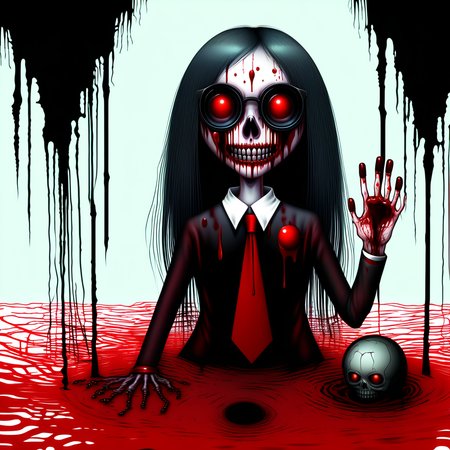 blood, 1girl, horror (theme), glasses, ball, necktie, skull