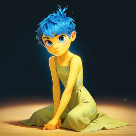 score_9, score_8_up, score_7_up, score_6_up, score_5_up, score_4_up, rating_questionable, JoyEmotion, glowing, 1girl, sitting on the floor, looking at viewer, blue hair, yellow skin, black background, dress, exposed shoulders