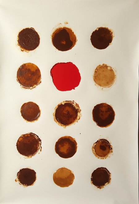 Content:

A amateur simple amd minimalistic collage on a white sheet of paper made of coffee cup circle stains and forming a nice pattern

Additional Details:

all objects are only in brown color but only one is in bold red color