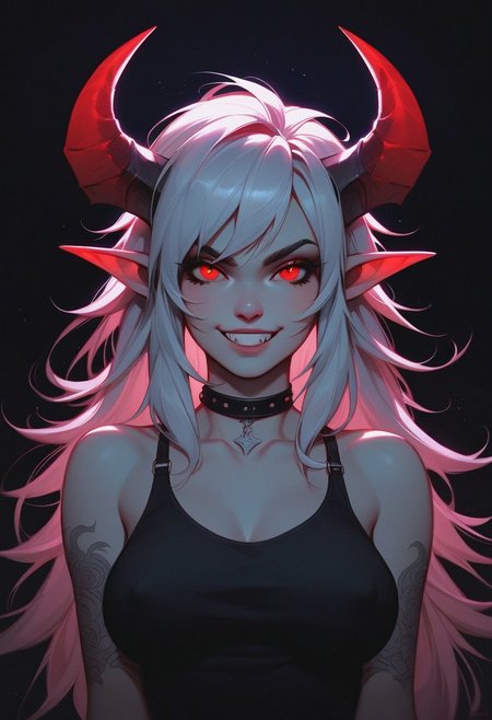 score_9, score_8_up, score_8_upl, tan skin, demon, horns,, dark eyebrows, ((bangs)), straight hair, choker, tank top, medium breasts, beautiful, night neon lighting, city street, g0thicPXL, (big lips:0.5), glowing horns,  punk,  extreme detail, close up, red eyes,  nipple peek, mischievous grin, Expressiveh, pov