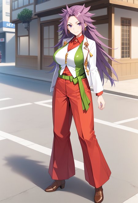 full body, standing, street, large breasts, <lora:KC_04AC_junyou_ponyv4-000019:1> junyoukc, purple hair, spiked hair, long hair, purple eyes,      junyoukai2kc, white_jacket_white_vest, long sleeves, magatama, green obi, red hakama, hakama pants, brown shoes, score_9,score_8_up, score_7_up, source_anime, masterpiece, best quality,  official art, official style, game cg, megami magazine, rating_safe, rating_questionable, <lora:Fixhands_anime_bdsqlsz_V1:0.75>,