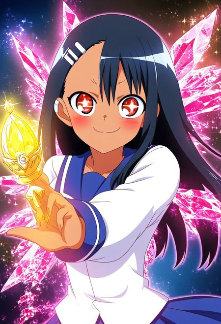 rp_slgd, <lora:zzz_trained\xl_rpr_soulgemmed_v1>, 1girl, Nagatoro_Hayase, playful_expression, mischievous_smile, golden_soul_gem, sparkling_crystals, anime_style, glowing_aura, radiant_background, high_detail, dynamic_pose, vibrant_colors, school_uniform, confident_stance, flirty_look, gemstone_eyes, enchanted_light