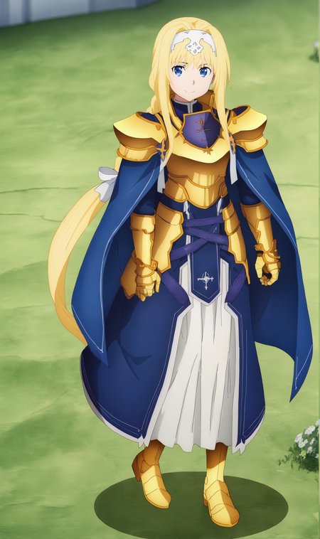 AZ, 1girl, solo, blonde hair, braided ponytail, blue eyes, white hairband, gold armor, blue cape, gauntlets, long skirt, armored boots, full body,  smile, looking at viewer, <lora:Alice Zuberg Pony XL:1>