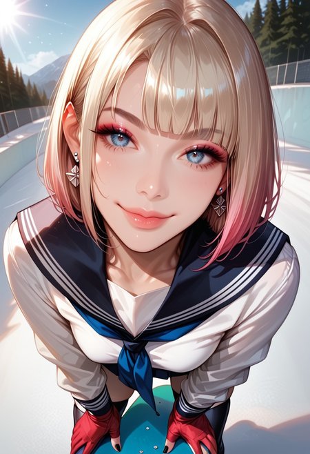 (score_9, score_8_up, score_7_up), best quality, ultra highres, realistic:0.7, solo, girl, 22 year old, silk blonde hair with pink highlights, straight short hair, hime cut, bangs, big bright eye, flat perky chest, sexy pink lips, half lips, detailed eyes, eyeshadow, shy, cute smile, a quarter closed eyes, BREAK slim figure, tall body, wide hips, shiny pale skin, outstanding style, sexy, pale skin, smart looking, Expressive, standing in ski resort, snowboard((standing by snowboard, wearing sailor uniform, pleated skirts, thigh highs boots, warm scarf, red gloves)), spread legs, legs spread, pensive, light smile, closed mouth, presenting her face, horny, face focus, looking at viewer, eye contact, face focus, tight ass, sexy face, black nail polish, pensive, light smile, closed mouth, presenting her breast, horny, breast focus, foot fetish, relaxed, looking at viewer, eye contact, face closeup, earrings, detailed face, detailed skin, sexy, rim lighting, two-tone lighting, low key, (extremely closed-up, near viewer), god rays of light, high angle,