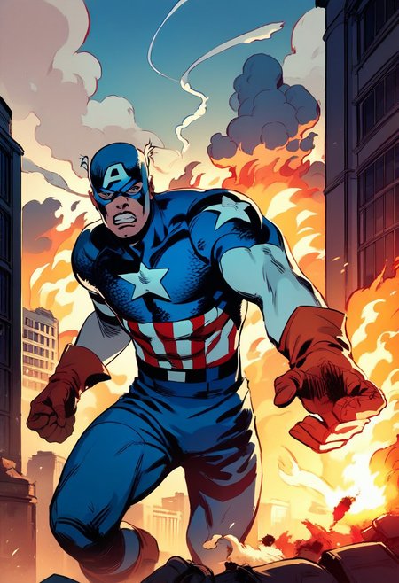 score_9, score_8_up, score_7_up, source_comic, CAPTAIN AMERICA, solo, gloves, 1boy, weapon, male focus, teeth, bodysuit, mask, fire, clenched teeth, building, smoke, shield, city, explosion, superhero