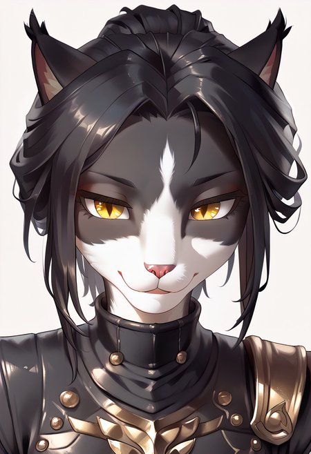 masterpiece, score_9, score_8_up, score_7_up, score_6_up, simple background, (by zinfyu:1), source_furry, (beautiful yellow eyes), anthro, furry, 1girl, 3mb3r, feline, black armor, black and white fur, detailed face, detailed eyes, black hair, tail, animal ears, close-up portrait, expressive and confident look, intricate fur and hair details, focused and balanced composition, vibrant and harmonious color palette