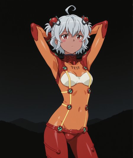 official art, absurdres, highres, anime coloring, hi res, best quality, masterpiece, 2d, intricate details, 4k,
1girl, solo, female, nose, blush stickers, short hair, red eyes, ahoge, white hair, grey hair, dark skin, dark-skinned female, 
hair ornament, bodysuit, multicolored clothes, pilot suit, plugsuit, red bodysuit, interface headset, hairpods, orange bodysuit, multicolored bodysuit, test plugsuit, souryuu asuka langley \(cosplay\), neon genesis evangelion,
cowboy shot, contrapposto, arms behind head, upper body, 
(night, darkness, black theme:1.3), depth of field, mountainous horizon, black background, <lora:Eris_(Character)_ILXL:1>,