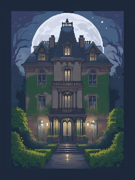 <lora:pixel style-000007:1>,pixel style, Picture a grand, yet eerie, Victorian mansion at twilight. The house stands tall and imposing, with gothic windows and ivy climbing its walls. A ghostly figure appears in one of the windows, gazing out into the misty, moonlit garden.