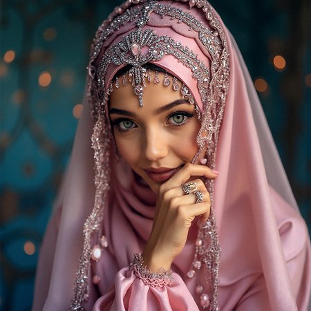 A close-up of a Middle Eastern woman wearing a luxurious pink satin hijab, intricately embroidered with silver and pink jewels. Her light green eyes, framed by perfectly shaped brows and accentuated by dark eyeliner, are captivating. The softly blurred background, with warm bokeh lights, enhances the elegance and mystique of her gaze.
Cool, blue-tinted lighting contrasting with warm highlights on the jewelry.Subtle rim lighting outlining the edges of the hijab. Delicate light reflections on the gems, adding sparkle.

Her characteristics are Smooth, flawless tanned skin with a natural glow. Refined, elegant nose with a delicate bridge.Delicate, minimal makeup emphasizing her natural beauty.Soft, warm-toned eyeshadow complementing her eye color.

Pink satin hijab with intricate silver embroidery along the edges. Delicate veil adorned with tiny, dangling pink gemstones. Jeweled headpiece with a central gem resting on her forehead. Subtle metallic accents in the embroidery, reflecting light.
Long, flowing sleeves with delicate lace trimming. Soft, sheer layer of fabric over the satin, adding dimension. long sleeves past wrist.

Her right hand lightly touches the edge of her veil near her cheek, eyes looking thoughtfully into the distance.

Abstract geometric patterns with muted metallic tones.










