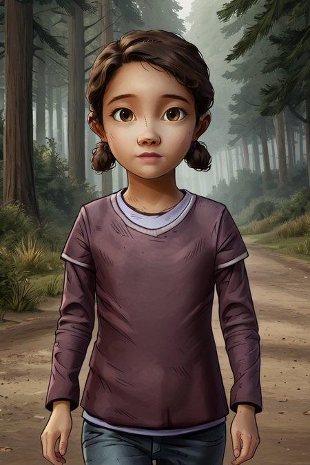 1girl, solo, brown hair, brown eyes, small, petite, cute, long sleeve shirt, walking, trees, woods, 
<lora:ClementineS2:1>
 <lora:Concept Art Brush Style LoRA_Pony XL v6:0.8> concept art,