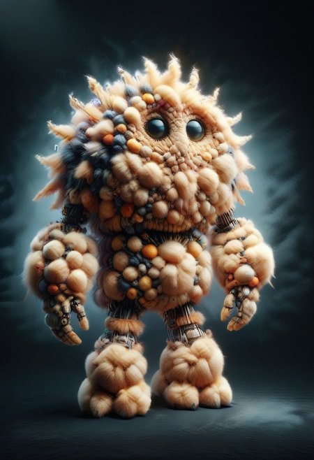 masterpiece, full-body, (Dark-Fantasy-page) ral-flufblz Jed-rbt, robot made-out-of-straw straw balls, (dark:1.1) indoors (lab) (shadows) (dark-atmosphere) ominous eerie