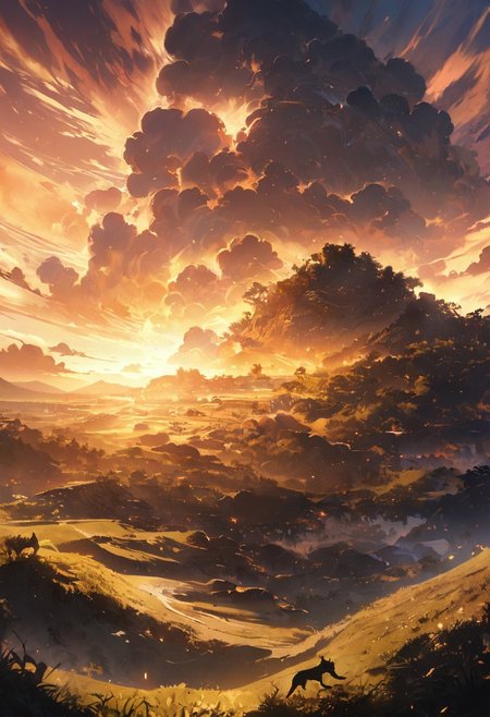 A haven for animals, detailed landscape, captivating, fantastic, great lighting, Nature, grasslands, sun, sunset, silhouettes of animals, animals covered in gold particles,( from above),  double exposure, beautiful view, mysterious glow, beautiful clouds, depth of field, masterpiece, best quality, 8k, ultra-detailed, very aesthetic, illustration, superb composition, finest details, , intricate details, absurdres, high contrast, RAW, concept art,