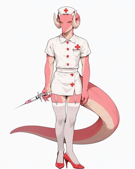 score_9, score_8_up, score_7_up, score_6_up, score_5_up, score_4_up,
(Masterpiece), (Best Quality), (Hi Res),
source_furry,
<1boy:1.5>,
<solo:1.5>,
<pink skin:1.5>,
<pink body:1.5>,
vincent_falnail, falchan, greyscale, 1boy, male focus, solo, yellow eyes, horns, furry male, furry, simple background, white background,
lipstick,makeup,ribbon,nostrils,dragon,
legs,sexy legs,muscular legs,heels,red heels,
<full body:1.5>,
<body focus:1.5>,
<simple background:1.5>,
<white  background:1.5>,
<lora:Vincent_Falnail:1> vincent_falnail,
 <lora:90s4n1m3XLP:1> 90s4n1m3, nurse,
nurse outfit,
short skirt,
sexy nurse,
stockings,
white  stockings,
meds,
injection,
nurse bonnet,
syringe,